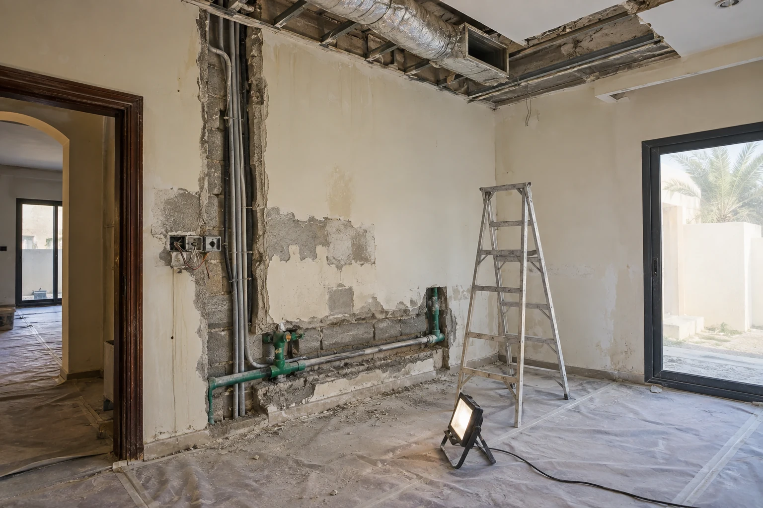 Opened villa wall and ceiling showing plumbing, electrical and HVAC work during renovation in Dubai