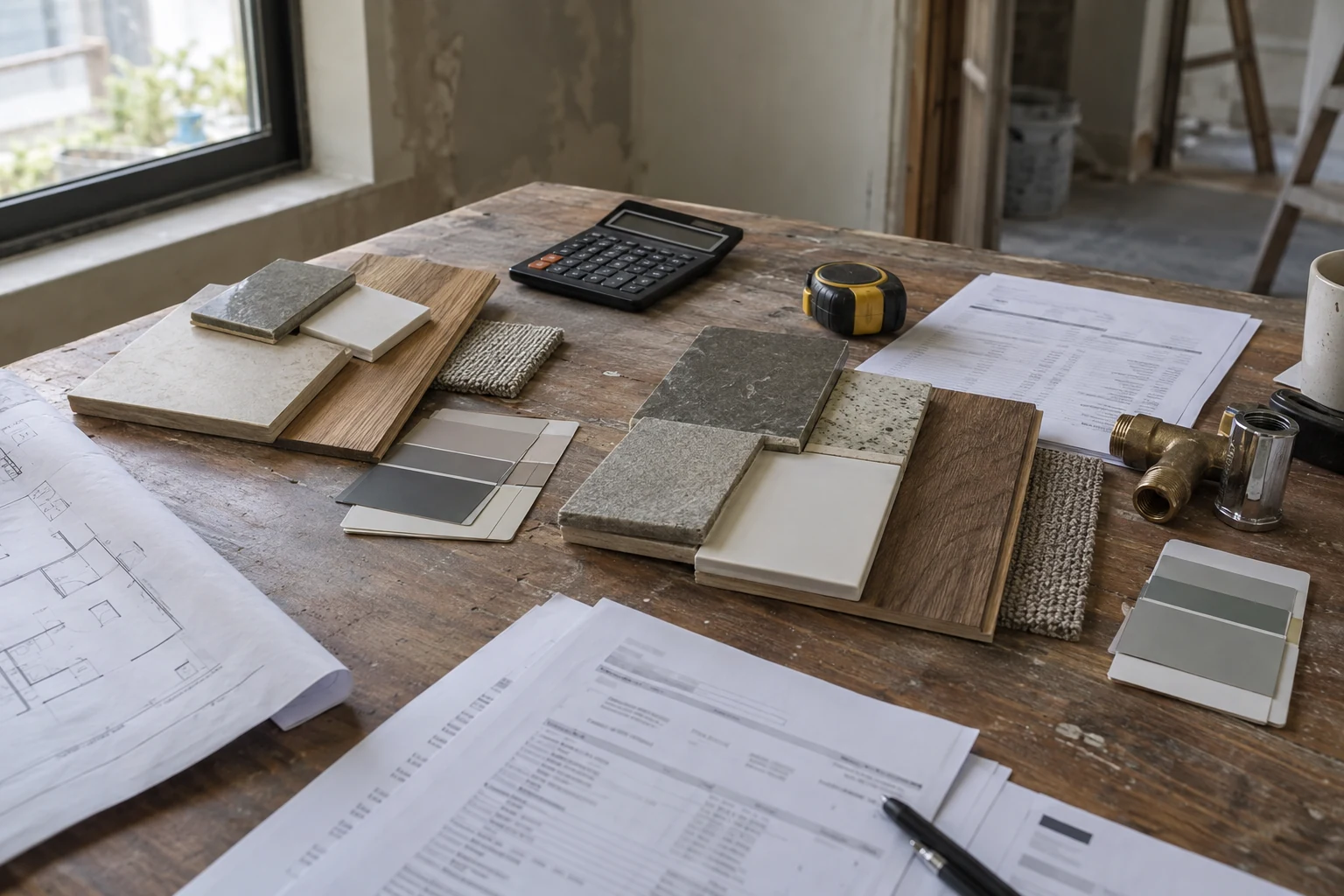 Villa flooring, stone, paint and joinery samples compared beside plans and a quotation