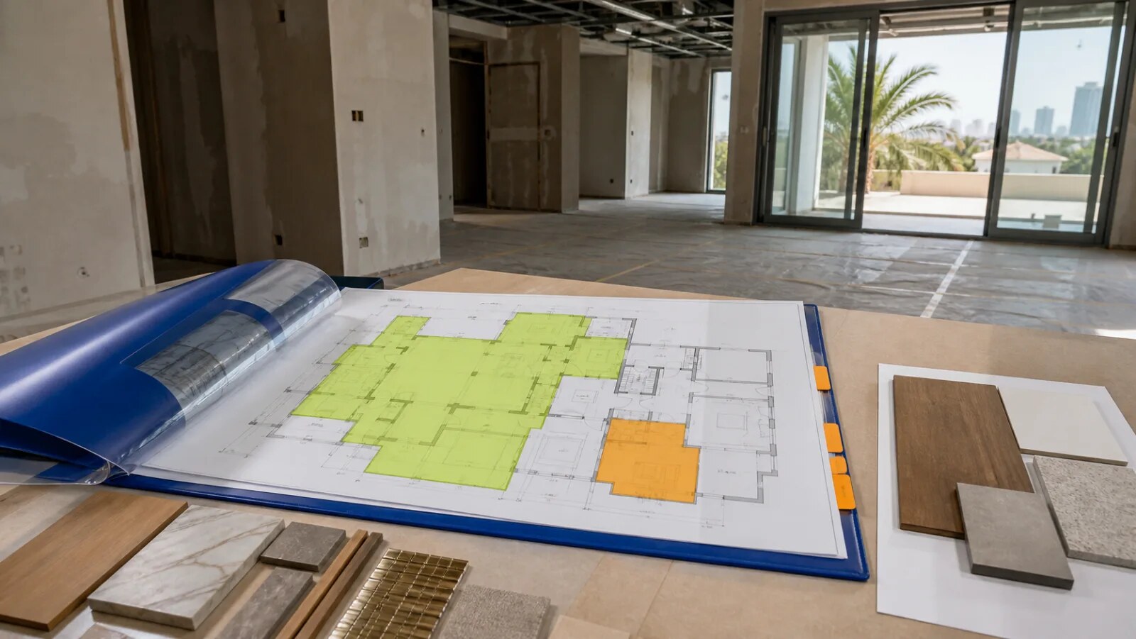 Material samples and marked villa plans used to compare full and partial renovation